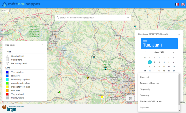 Figure 1 - MétéEAU Nappes map of water tables on 01/06/2021 around Paris