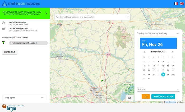 Figure 2 - MétéEAU Nappes map on 26/11/2021 with query sent to a piezometer near Troyes