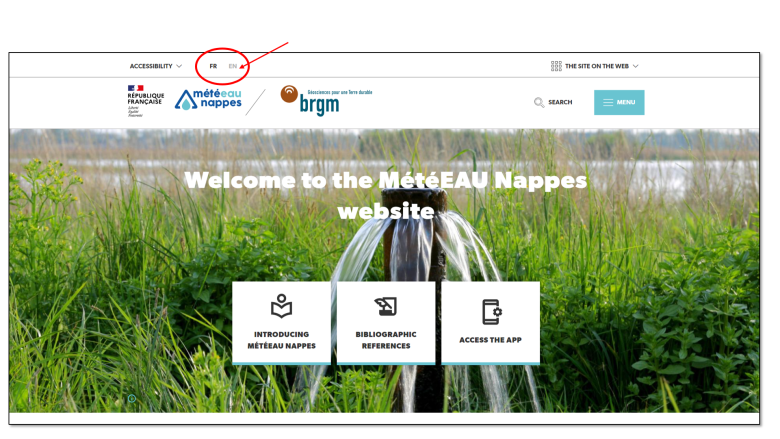 Site web d'accueil MétéEAU Nappes en version bilingue