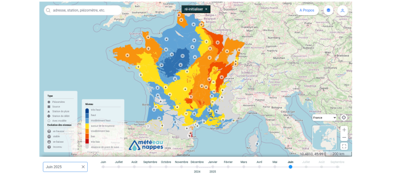 Carte MétéEAU Nappes avec le bulletin de situation national des nappes d’eau souterraine au 1er juin 2025© BRGM Carte MétéEAU Nappes avec le bulletin de situation national des nappes d’eau souterraine au 1er juin 2025