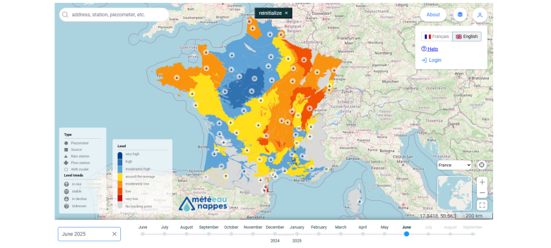 MeteEAU Nappes map with national groundwater levels on June 1st, 2025