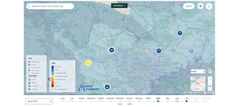 MeteEAU Nappes map of groundwater tables in April 2025 around Paris