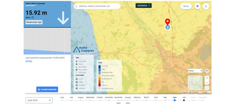 MeteEAU Nappes map on June 16th, 2025 with query sent to a piezometer near Troyes